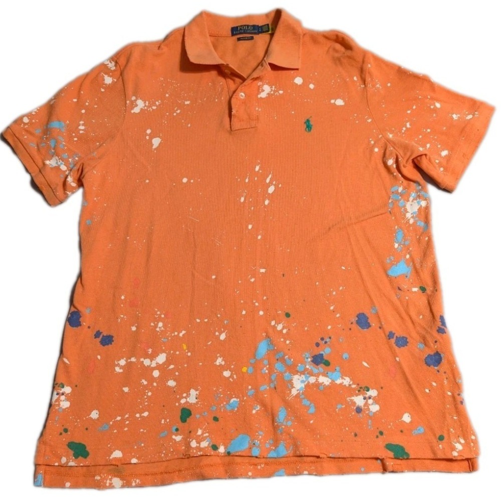 Polo Ralph Lauren Distressed Orange Paint Splatter Classic Fit Polo Shirt Large